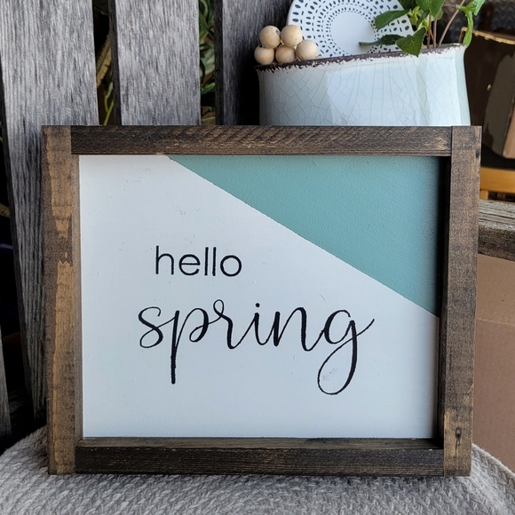 HELLO SPRING framed farmhouse wooden colorblock sage + white wall art - Picture 3 of 9